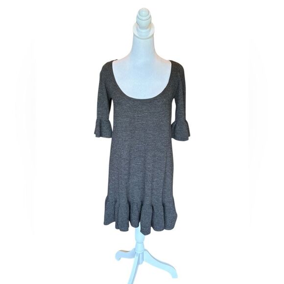 Free People Wool Mini Dress Ruffle Cuffs and Hem Scoop Neck Womens Large Gray - Picture 1 of 8